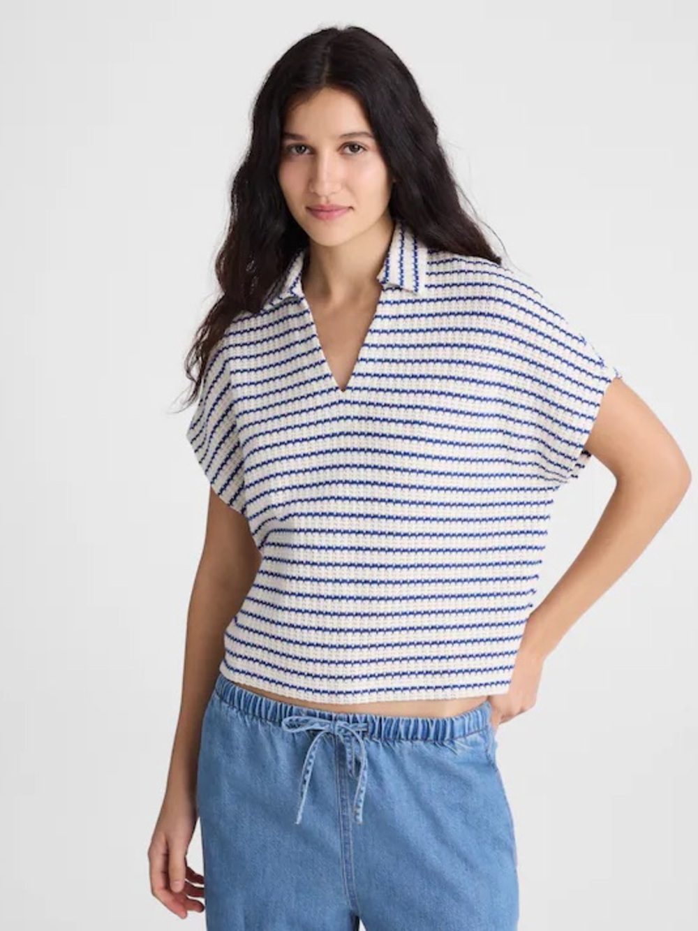 Madewell Textured Knit Johnny Collar Shirt Medium Boxy Stripes Cap Sleeve